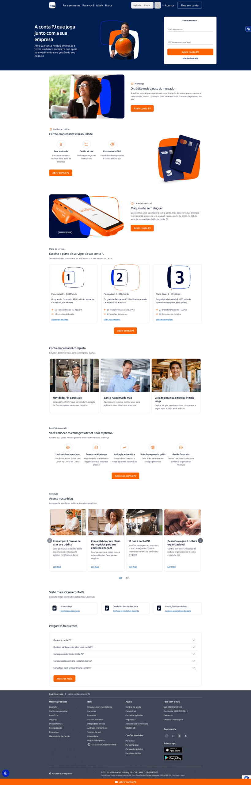 Landing Page de lançamento da nova identidade da marca Itaú Empresas, com o conceito "Itaú Empresas. Jogando Junto" e participação do Ronaldo.